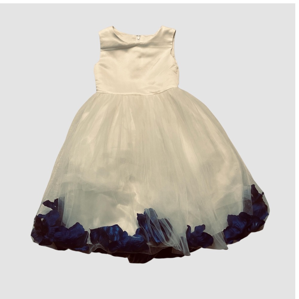 Girls White Satin Tulle Dress SZ 4 Blue Petals Sleeveless Zip Flower Girl Party - Picture 1 of 11